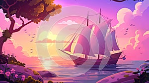 Boat on calm water in a wooden ship with white sails floating under pink sky at sunrise. Sailingboat on calm water in a