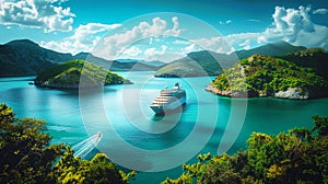 A boat calmly sits in the center of a tropical bay, surrounded by crystal-clear waters under a clear blue sky