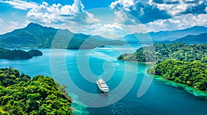 A boat calmly sits in the center of a tropical bay, surrounded by crystal-clear waters under a clear blue sky