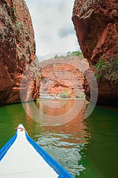 Boat on canyon of San Francisco river, Brazil.