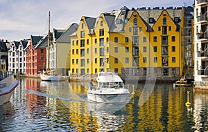 Boat and Colorful Buildings, Alesund, Norway