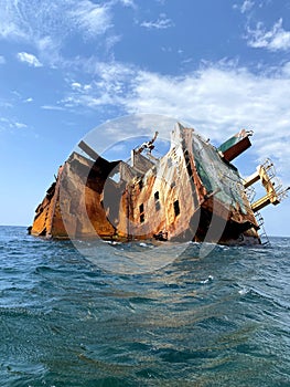 Boat crashes in the Sea, cruise Ship, accident, Shipwreck, side view ,aerial view.
