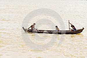 A boat crossing Irrawaddy River, between the city of Mandalay and Mingun, Myanmar, Burma