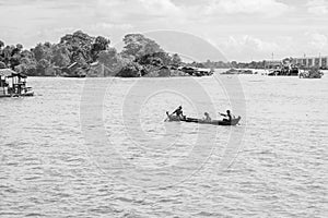 A boat crossing Irrawaddy River, between the city of Mandalay and Mingun, Myanmar, Burma