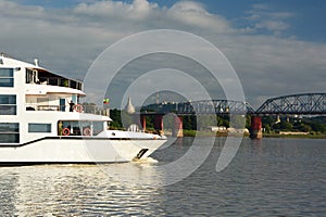 Boat cruise on Irrawaddy river at Old Ava bridge. Sagaing. Myanmar