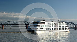 Boat cruise on Irrawaddy river at Old Ava bridge. Sagaing. Myanmar