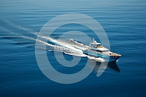 boat cruising anchoring in high speed open blue sea Drone view