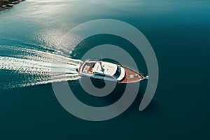 boat cruising anchoring in high speed open blue sea Drone view