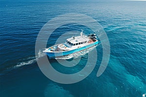 boat cruising anchoring in high speed open blue sea Drone view