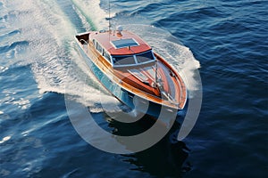 boat cruising anchoring in high speed open blue sea Drone view