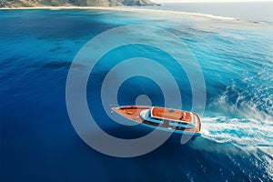 boat cruising anchoring in high speed open blue sea Drone view