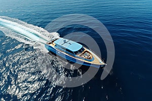 boat cruising anchoring in high speed open blue sea Drone view