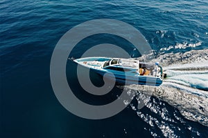 boat cruising anchoring in high speed open blue sea Drone view