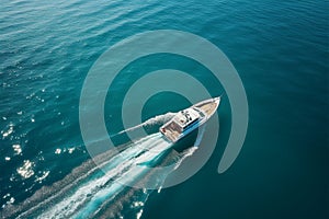 boat cruising anchoring in high speed open blue sea Drone view