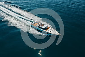 boat cruising anchoring in high speed open blue sea Drone view