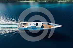 boat cruising anchoring in high speed open blue sea Drone view