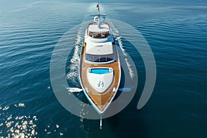boat cruising anchoring in high speed open blue sea Drone view