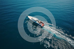 boat cruising anchoring in high speed open blue sea Drone view