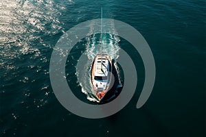 boat cruising anchoring in high speed open blue sea Drone view