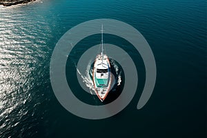 boat cruising anchoring in high speed open blue sea Drone view