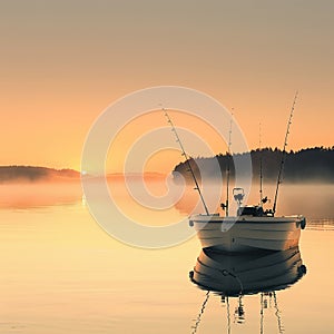 Boat at dawn, fishing rods in holders, calm water, capturing peaceful prep with a soft, golden glow