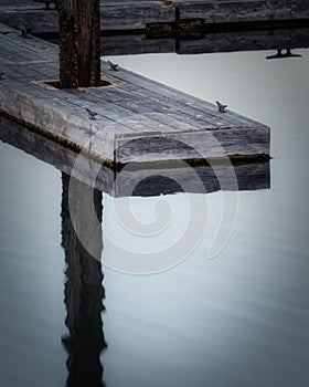 Boat dock reflection in calm water