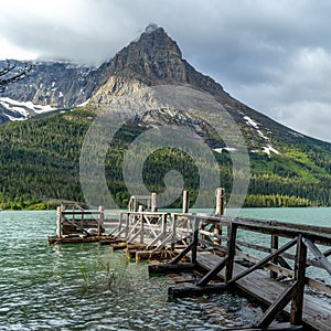 Boat dock in the wilderness of Glacier Park Montana photo