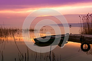 The boat docked on the lake Balaton