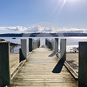 Boat docks and cap on pilings under sunshine.