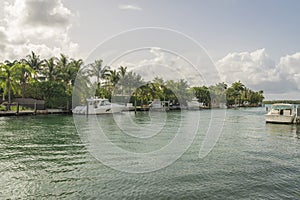 Boat docks under the cloudy skyline at Miami bay, Florida