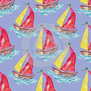 boat drawing illustration for a book or coloring book on the blue sea with red and yellow