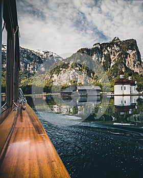 boat drive on lake koenigssee during spring