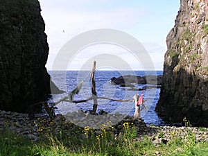 The boat at Dunseverick Castle, County Antrim, Northern Ireland