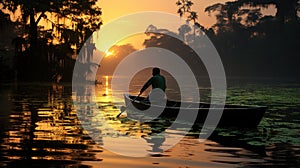 Boat in early morning sunshine at lake. Asian fisherman Thailand, Vietnam