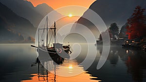 Boat in early morning sunshine at lake. Asian fisherman Thailand, Vietnam