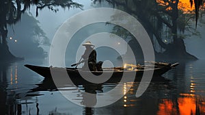 Boat in early morning sunshine at lake. Asian fisherman Thailand, Vietnam