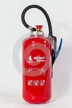 Boat edition of modern fire extinguisher isolated on white background