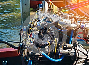 Boat engine of amphawa floating market thailand, Thai style boat transportation