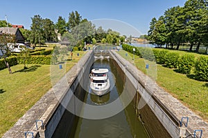 Boat entering gateway sluice on the Augustow Canal, Poland