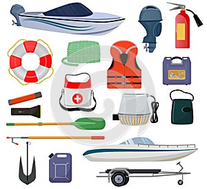 Boat equipment vector motorboat yacht with life-vest lifebuoy anchor illustration marine set of nautical sailboat