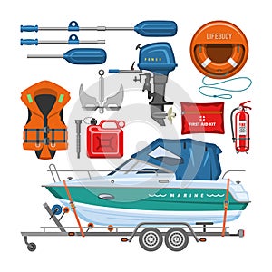 Boat equipment vector motorboat yacht with life-vest lifebuoy paddle anchor illustration marine set of nautical sailboat