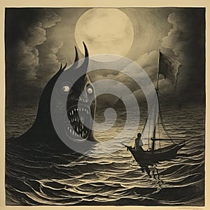 Bookplate: A Man Sailing With A Monster - Bold Lithographic Illustrations photo