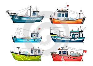 Boat, fishing ship or fisher trawler, fish catch