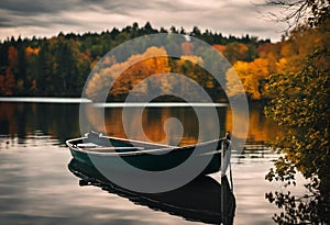 the boat is floating alone on the lake in autumn time