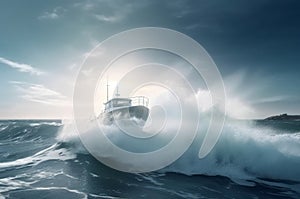 Boat floating on big ocean waves. Generate ai