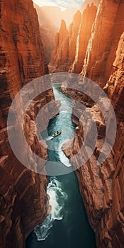 Boat Floating In Canyon At Sunset: A Joel Robison-inspired Documentary Travel Photography