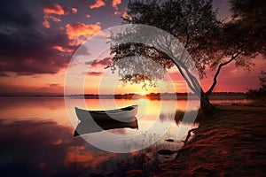 A boat is floating on a lake at sunset, peaceful and serene scene