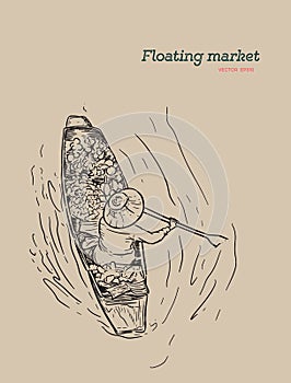Boat in a floating market in Thailand - vector illustration