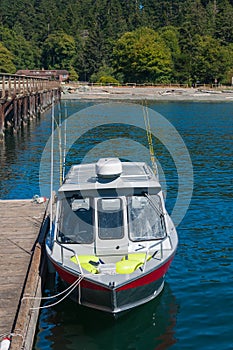 A boat floating near boat ramp photo