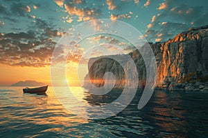 A boat is floating on the water near a rocky shore